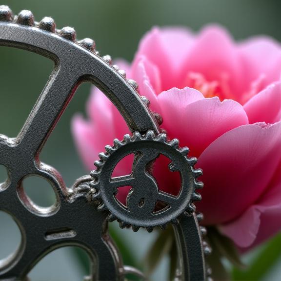 A close-up conceptual image showing a metal gear intertwined with a blooming pink peony, symbolising the fusion of industrial design and natural beauty.