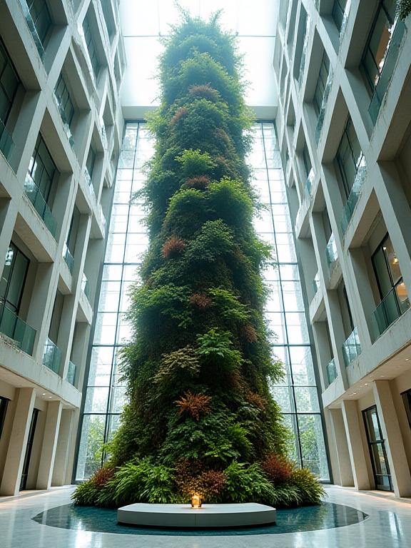 A breathtaking, towering botanical sculpture dominating the central atrium of a modern corporate headquarters, featuring diverse plant species ascending towards natural light, a dramatic focal point.