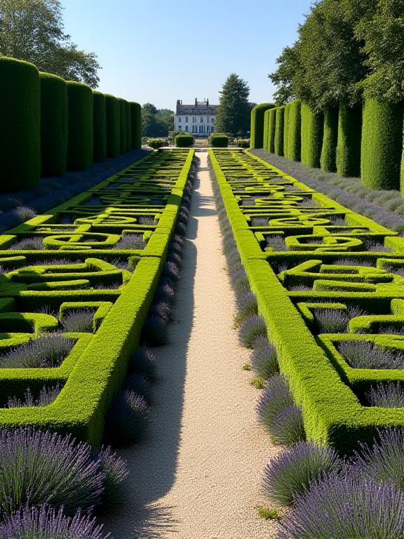 The meticulously restored knot garden of a historic Cheshire estate, showcasing perfectly manicured boxwoods forming intricate patterns and blooming lavender borders, a testament to thoughtful garden restoration.