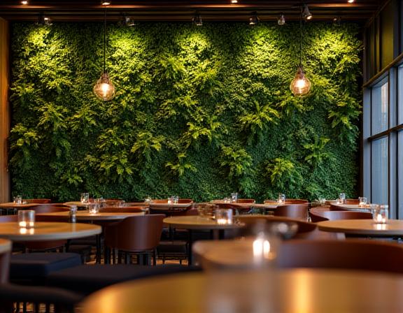 A vibrant, floor-to-ceiling living green wall composed of various textures of ferns and mosses, serving as a stunning backdrop in a high-end Manchester restaurant, adding natural elegance.