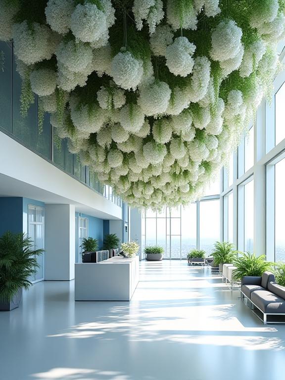 A large, suspended floral cloud installation featuring delicate white blooms and cascading greenery, enhancing the modern, minimalist lobby of a tech office.