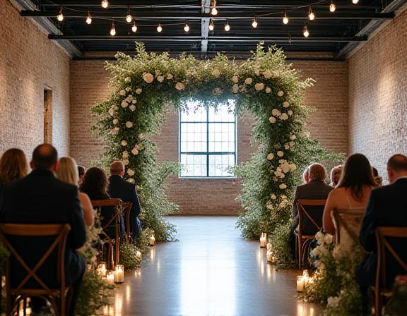 An elegantly styled wedding ceremony setup within a converted industrial warehouse, featuring dramatic floral arrangements on metal structures and abundant greenery, blending industrial chic with botanical beauty.