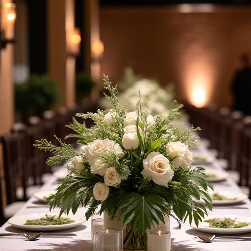 An elegant floral centerpiece featuring white roses and greenery on a long table at a corporate event in a converted warehouse venue, highlighting event floristry.