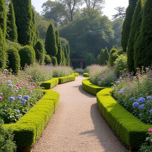 A beautifully restored Victorian-era garden with structured hedges, blooming flower beds, and a gravel path, showcasing garden restoration work.