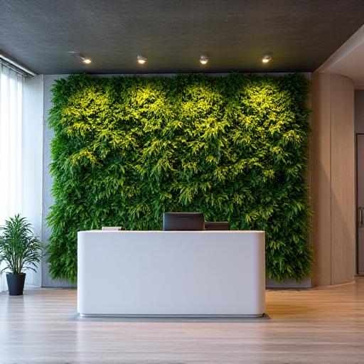 A modern office space with a large, custom-built green wall behind the reception desk, illustrating an industrial and commercial installation.
