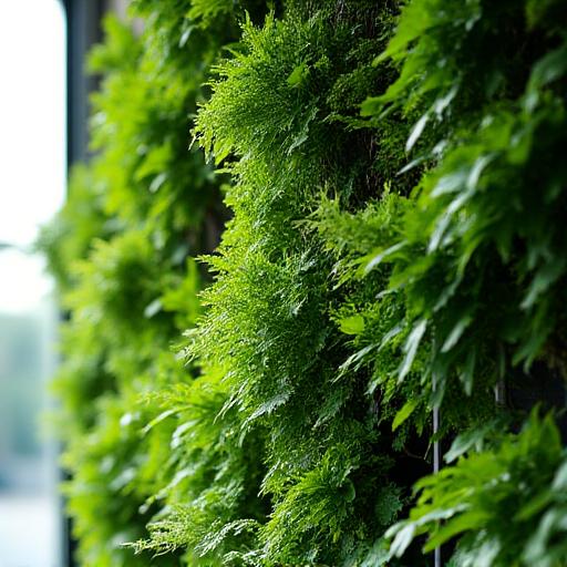 A lush, vibrant living wall teeming with various green plants and ferns, cared for at a commercial property.