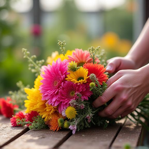 A pair of hands tending to a vibrant bouquet of freshly cut, locally grown flowers with a blurred organic greenhouse in the soft background, symbolising sustainable sourcing.